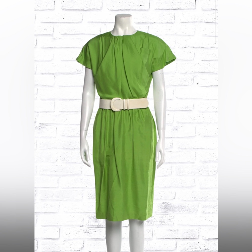 Bill Blass Vintage 50s-Style Belted Olive Green Sheath Dress